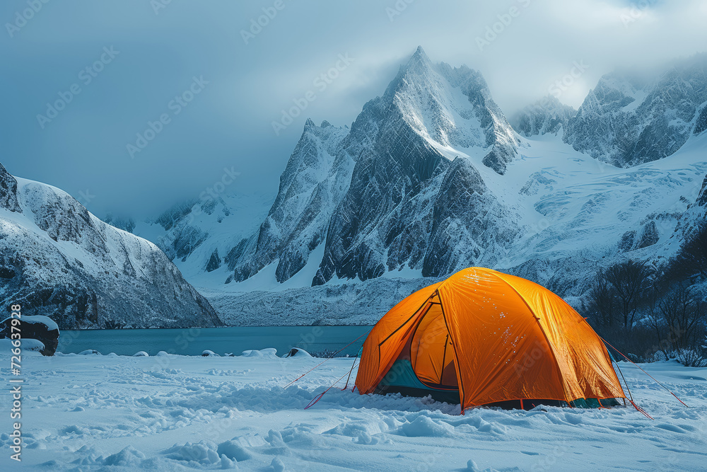 A photograph of a colorful tent pitched against a backdrop of snow-capped peaks, illustrating the thrill of camping in the heart of a winter wonderland.  Generative Ai.