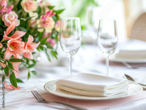 Beautiful table setting with floral decor on a light background, providing plenty of room for text.