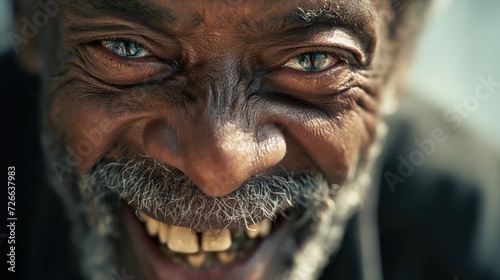 Senior elderly homeless african american black man smiling to camera with his bad teeth