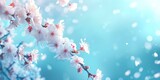 Spring blossoms on a branch against soft blue background, nature awakening, simple elegance in bloom. AI