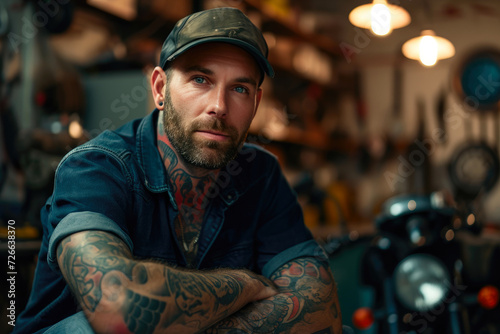 Biker Craftsman with Tattoos and Tools