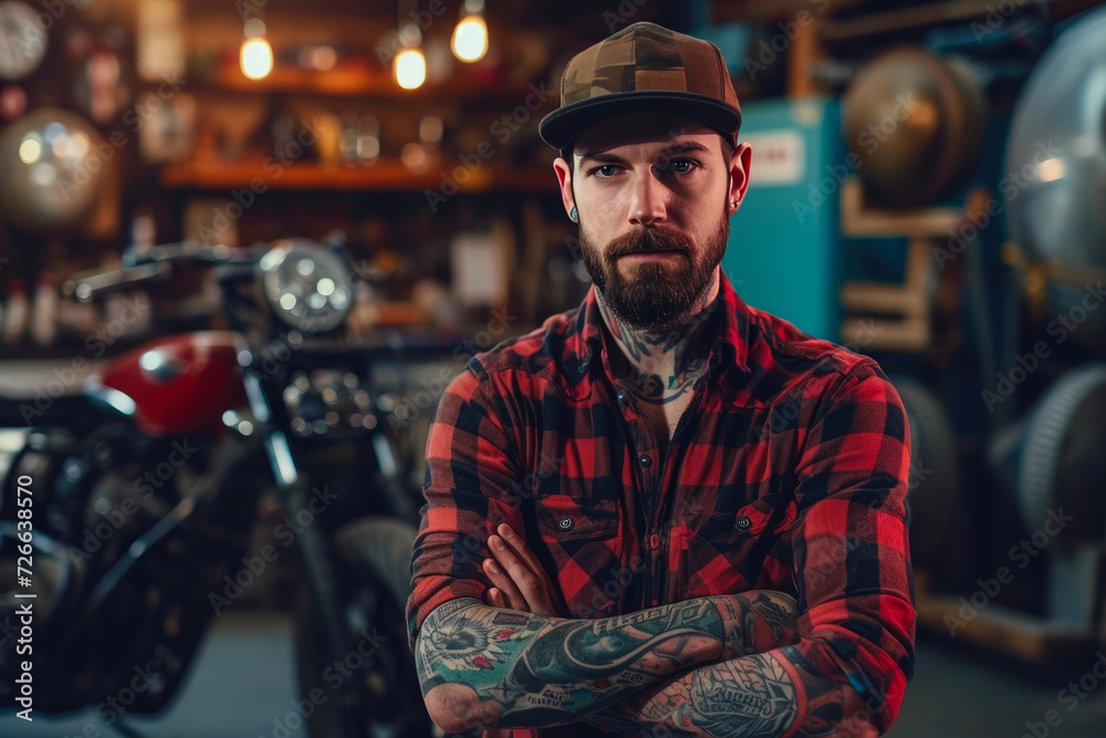 Cap-Wearing Mechanic in Motorcycle Haven