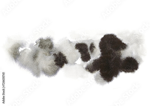 Black watercolor ink stain texture transparent abstract background. 