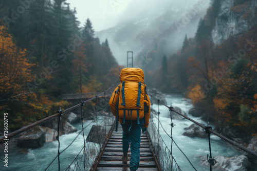 A shot of a solo backpacker crossing a rickety suspension bridge high above a rushing river, highlighting the courage and resilience required for solo outdoor expeditions. Generative Ai.