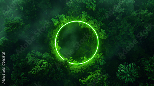 neon green circle in the middle of the forest, illuminating the dense forest, emphasizing the lush greenery and intricate leaf patterns