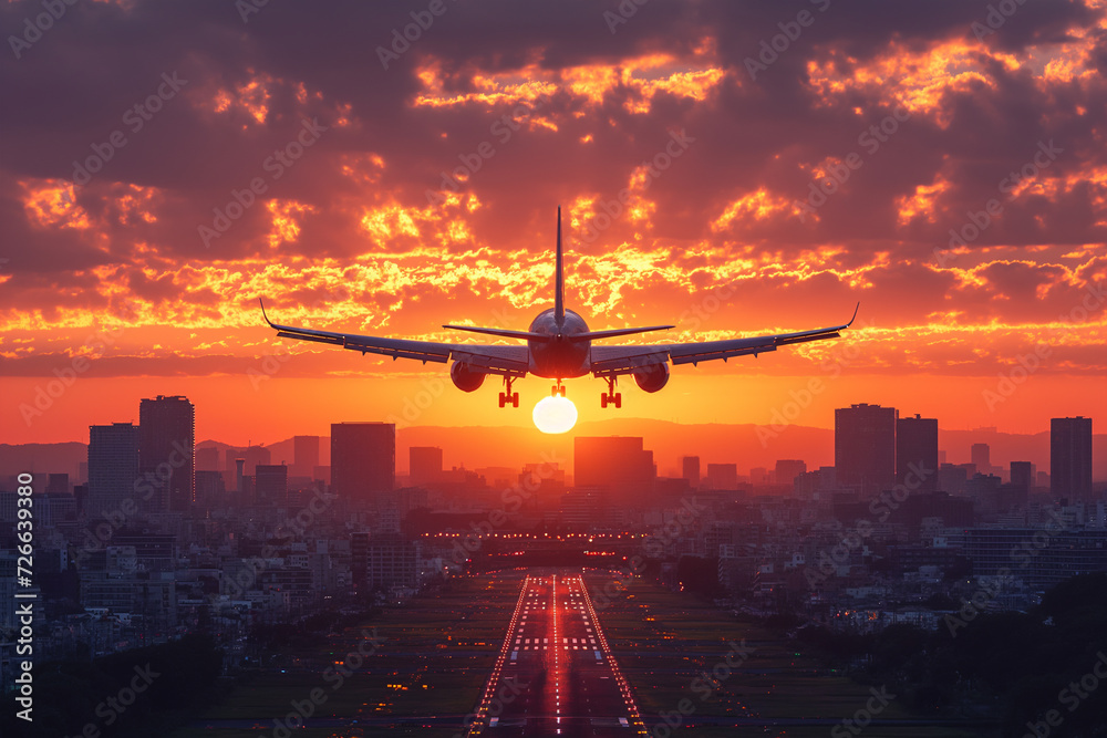 Silhouette of an airplane flying into the sky above the city Silhouette of an airplane flying into the sky above the city