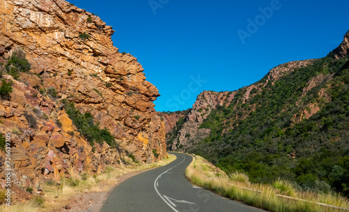 Entrance to Waaipoort pass which has striking scenery which includes contorted geology near Steytlerville, Eastern Cape.