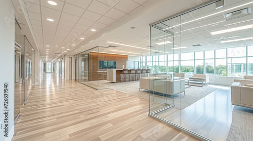 Modern and simple office design, glass walls and open spaces. 