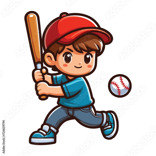 Happy cute little boy playing baseball softball in action cartoon vector illustration, hitter swinging with bat design template isolated on white background