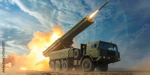 military artillery missile system launches rockets photo