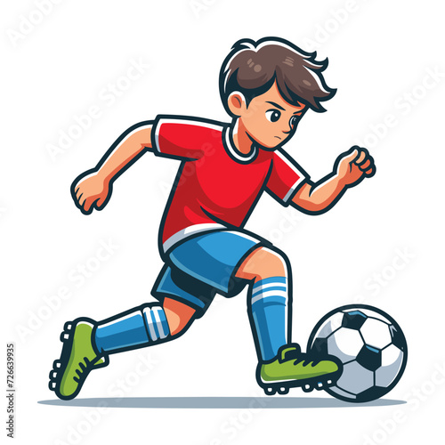 Happy cute little boy playing soccer football game in action cartoon vector illustration, kid player kicking ball design template isolated on white background