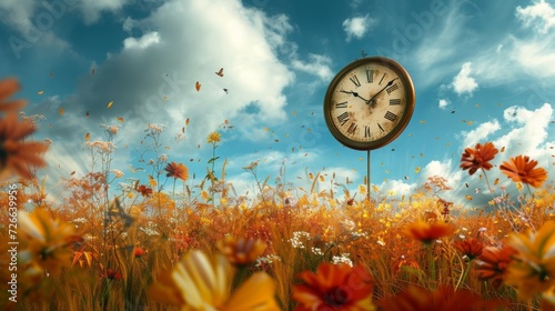 A clock stands above a field full of autumn flowers  symbolizing the transition to winter time.