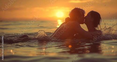 Silhouettes of Affection: A Tender Moment Shared Between a Couple as the Sun Sets Over a Calm Sea Generative AI