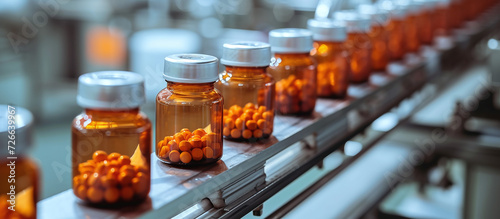 Medicine tablets are bottled on a conveyor belt of a pharmaceutical factory production line. photo