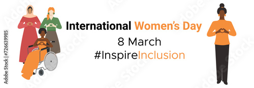 Rectangular banner with a white background for IWD2024 for a campaign to inspire inclusion. 4 women of different nationalities, a woman in a wheelchair hands gesture as heart shape, flat vector.