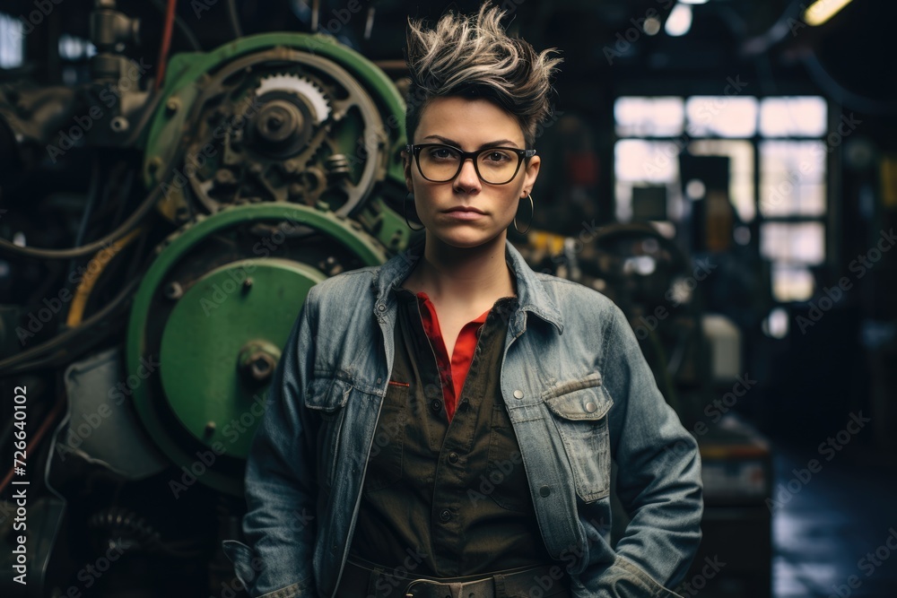 genderqueer individual stands confidently in an industrial workspace, their expression reflecting the pride and precision of their craft