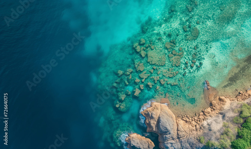 Aerial top view amazing beach with perfect nature, green forest peaceful and rock around island