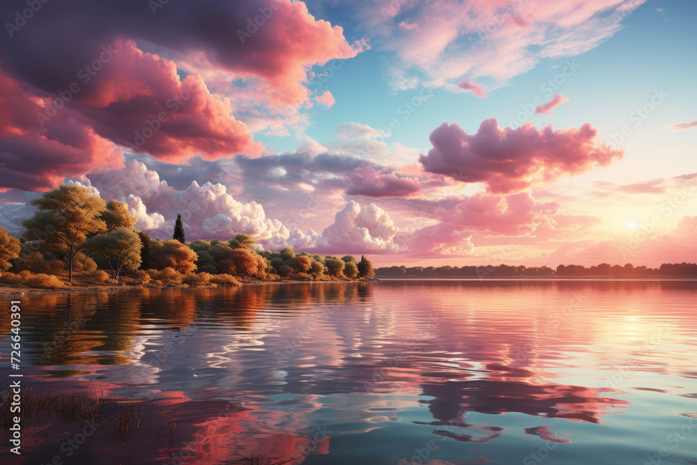 A photograph capturing a serene lake where water turns into liquid crystal, reflecting a sky filled with fluffy, pastel-colored clouds. Concept of reflective pastel waters. Generative Ai.