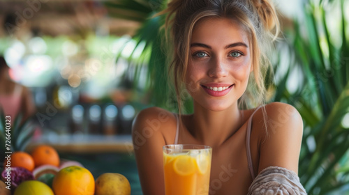 Joyful Woman Drinking Orange Juice.
Smiling young woman enjoying a glass of orange juice in a tropical cafe setting.