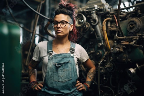 In an industrial setting, a genderqueer mechanic stands with hands on hips, surrounded by the complex machinery they master