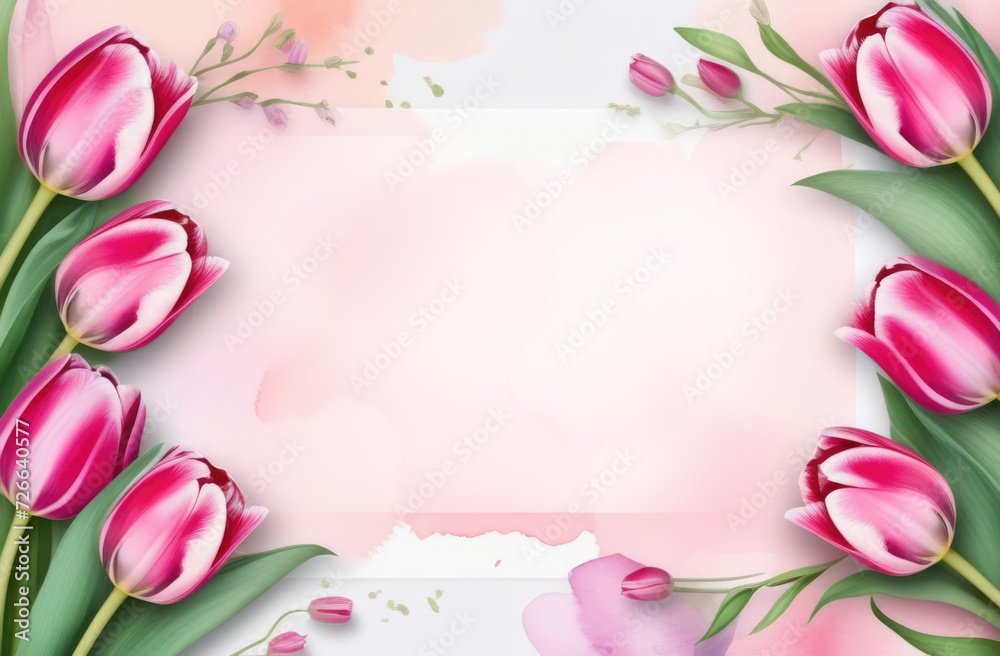 Pink tulips on a pink watercolor background. Greeting card.