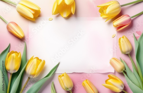 Yellow tulips on pastel pink background. Flat lay, top view