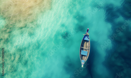 Boat on the water surface from top view, turquoise blue water background from top view, summer seascape from air, island, travel and vacation image