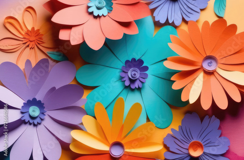 Paper flowers of different colors  close-up. Flower background.