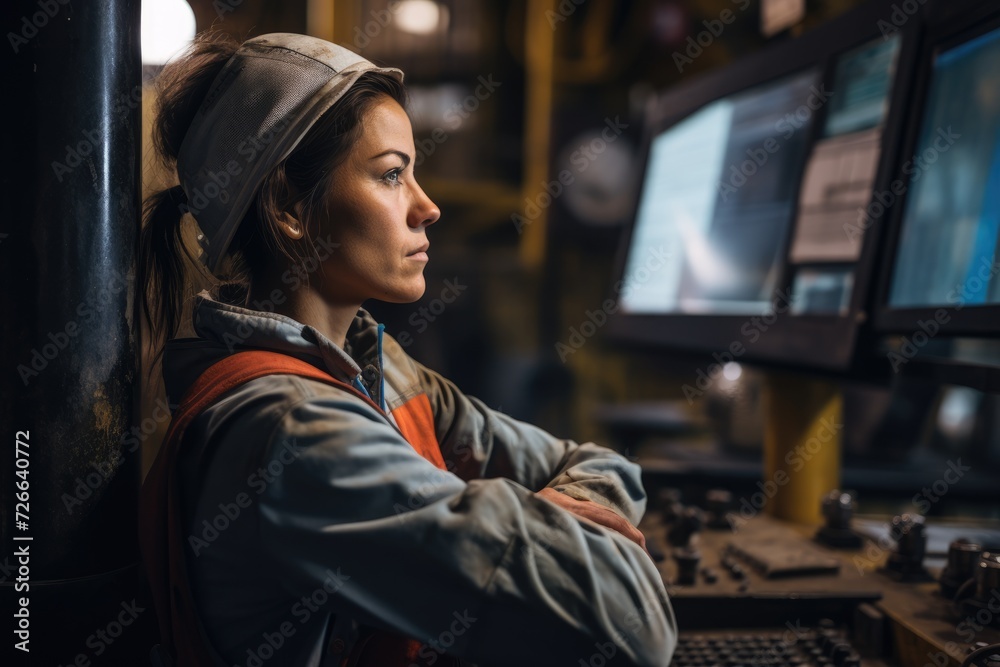 Fototapeta premium woman in an orange jumpsuit attentively monitors multiple computer screens, epitomizing expertise and gender equality in technology