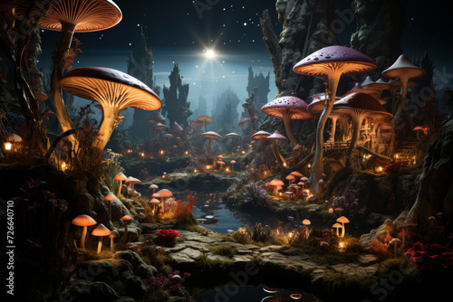 An image of a fantastical garden where oversized, luminescent mushrooms cast a soft glow on the surrounding flowers, creating an enchanting and whimsical scene. Generative Ai.