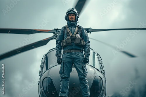 A male pilot stands near a helicopter photo