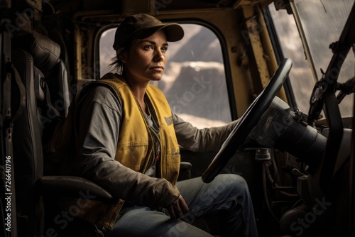 woman in protective work gear sits at the wheel of a heavy duty vehicle, her focused gaze set on the task ahead © gankevstock