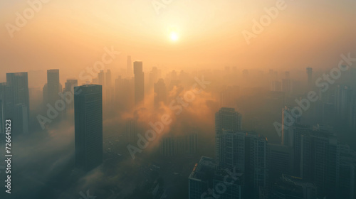 Aerial view of Asian city full of Smoke and smog from PM 2.5 dust, Cityscape of buildings with bad weather and air pollution, Toxic haze in the city, Unhealthy air pollution dust, environment problem.