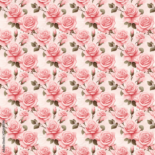 Illustrated Light Pink and White Roses on Pink Background Seamless Pattern
