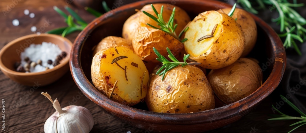 Traditional Portuguese cuisine featuring baked potatoes seasoned with rosemary and garlic, set against a dark brown backdrop.