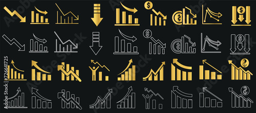 Growth, decline vector icons, business progress indicators, financial graphs showing increase, decrease trends. Perfect for web design, presentations, infographics on black background