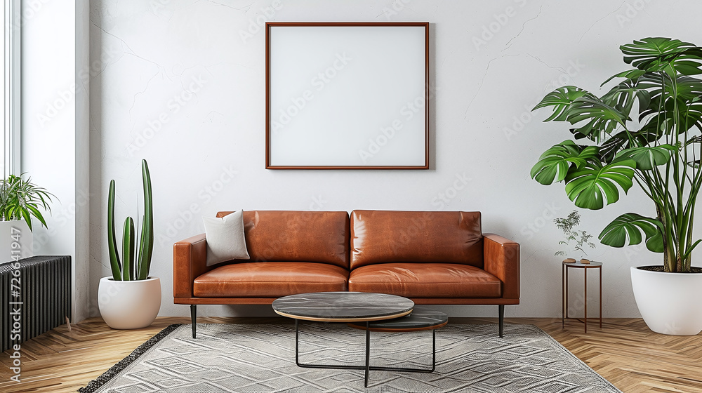 Modern home interior with white wall painting, plants and brown leather furniture. Modern living room at home with sofa and carpet Modern home interior with white wall painting, plants and brown leather furniture. Modern living room at home with sofa and carpet