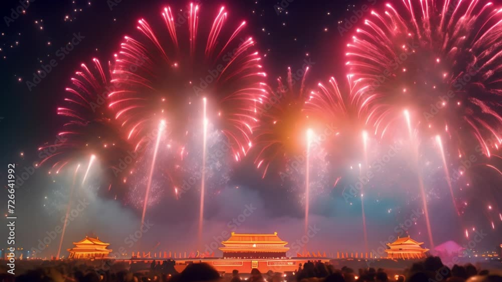 Fireworks Chinese New Year above temple. Lunar New Year fireworks 2024