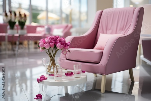 A pink soft chair at the reception desk in the salon.