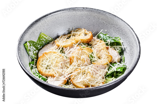 Homemade chicken caesar salad with cheese and croutons. Isolated, Transparent background.