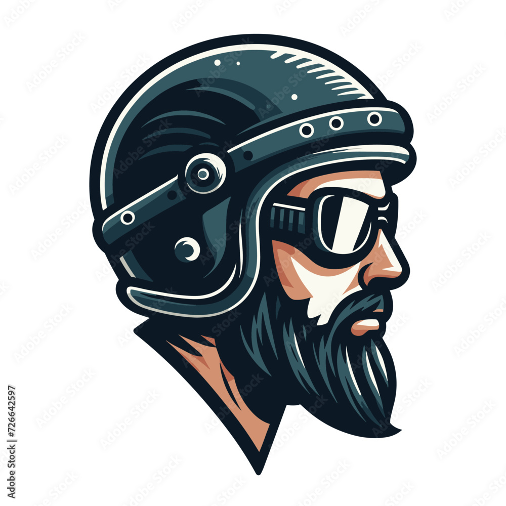 Vintage label man in a helmet design vector illustration for t-shirt print, poster, emblem. Motorcycle biker logo badge template isolated on white background