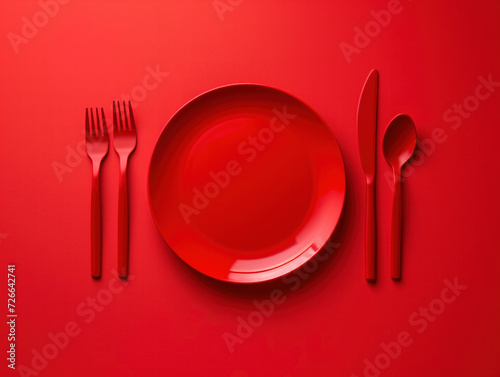 A minimalistic dining concept is illustrated with a top-down view of a red round plate and cutlery on a red surface. The table is set for dinner, forming an abstract food background with utensils. photo