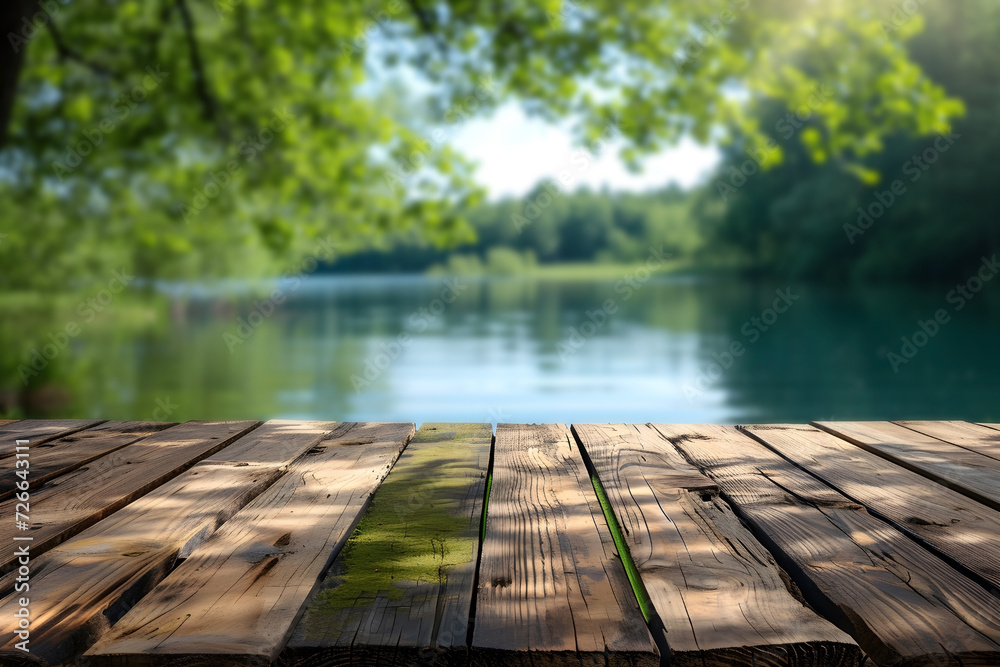 Empty Wooden Plank with Blurred Beautiful Lake Scene Background, Lakefront Tranquility
