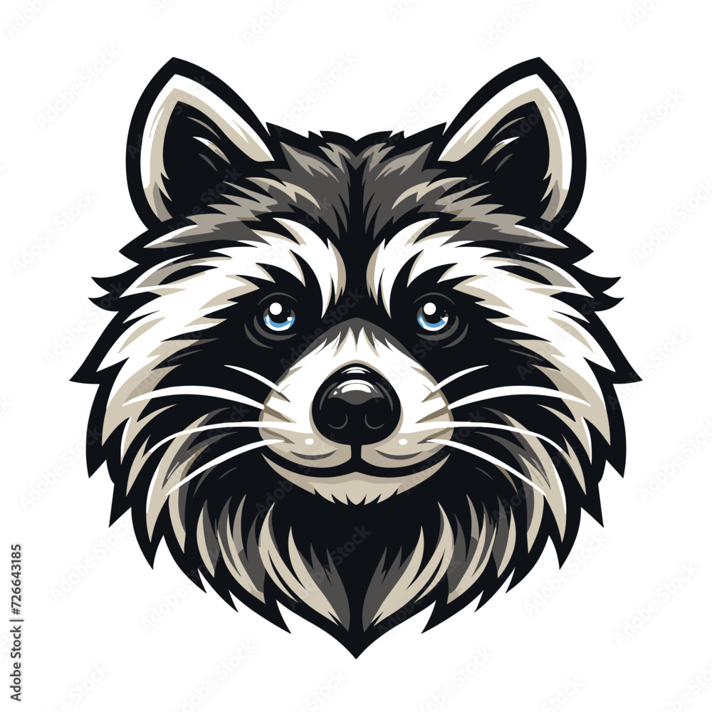 Cute adorable raccoon head face cartoon character vector illustration, funny racoon flat logo design template isolated on white background