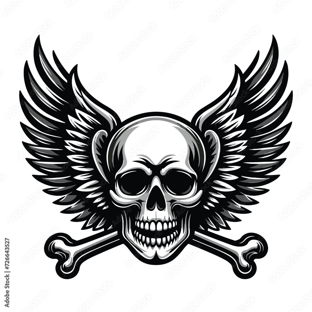 Skull wings vector illustration, winged skull badge emblem template suitable for apparel t-shirt, poster, motorbike club logo, tattoo. Design isolated on white background Skull wings vector illustration, winged skull badge emblem template suitable for apparel t-shirt, poster, motorbike club logo, tattoo. Design isolated on white background