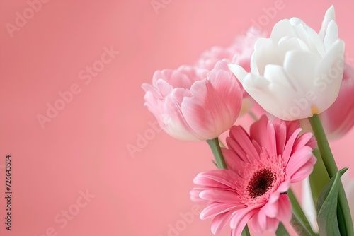 Elegant spring flowers arrangement on a soft pink background  perfect for greetings. AI