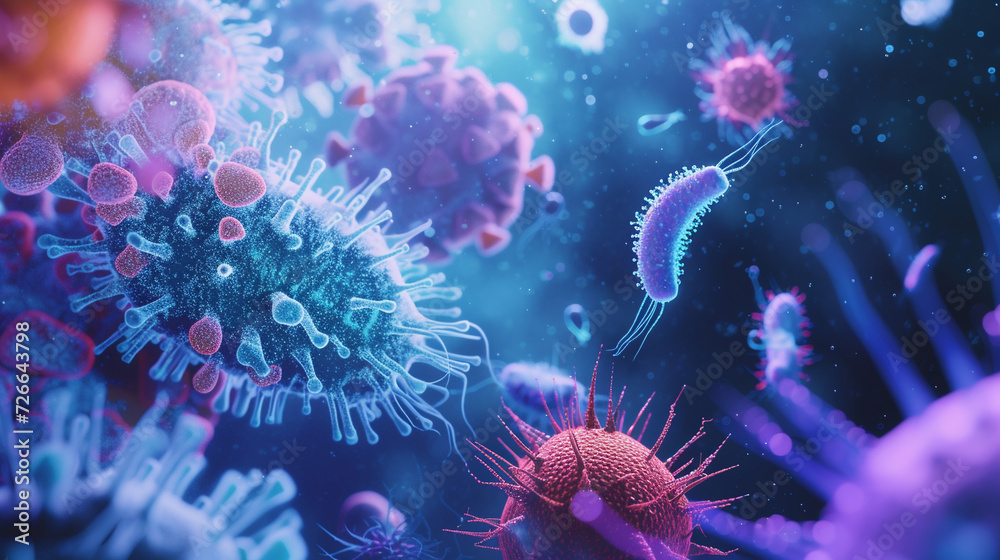 Viruses and bacterias macro abstract background.  - obrazy, fototapety, plakaty 