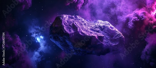 Purple stone resembling a realistic meteorite with craters, backlit on a dark background in deep space. photo