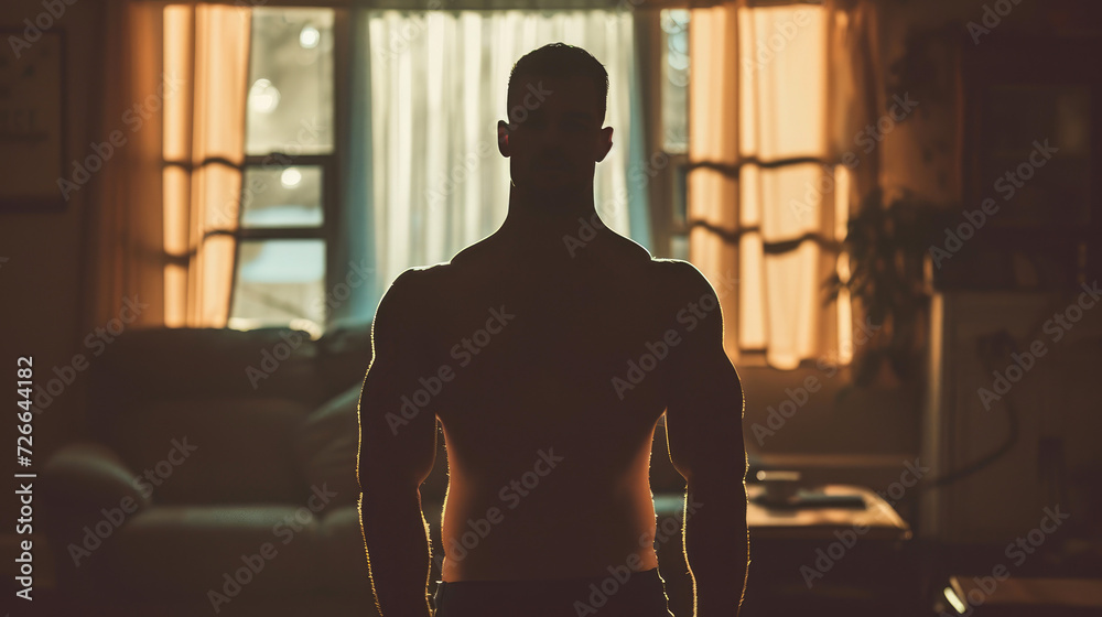 Faceless Muscular Silhouette in Blurred Living Room