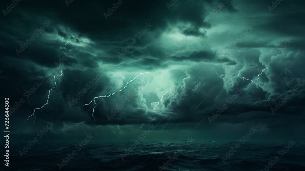 Dramatic sky with clouds. Black blue green night sky. Thunderstorm. Dark teal color background. Ominous, frightening. 4k, high detailed, full ultra HD, High resolution